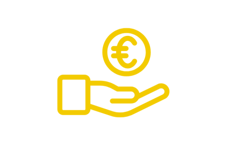 Gelbes Symbol einer offenen Hand mit einem Eurozeichen darüber.