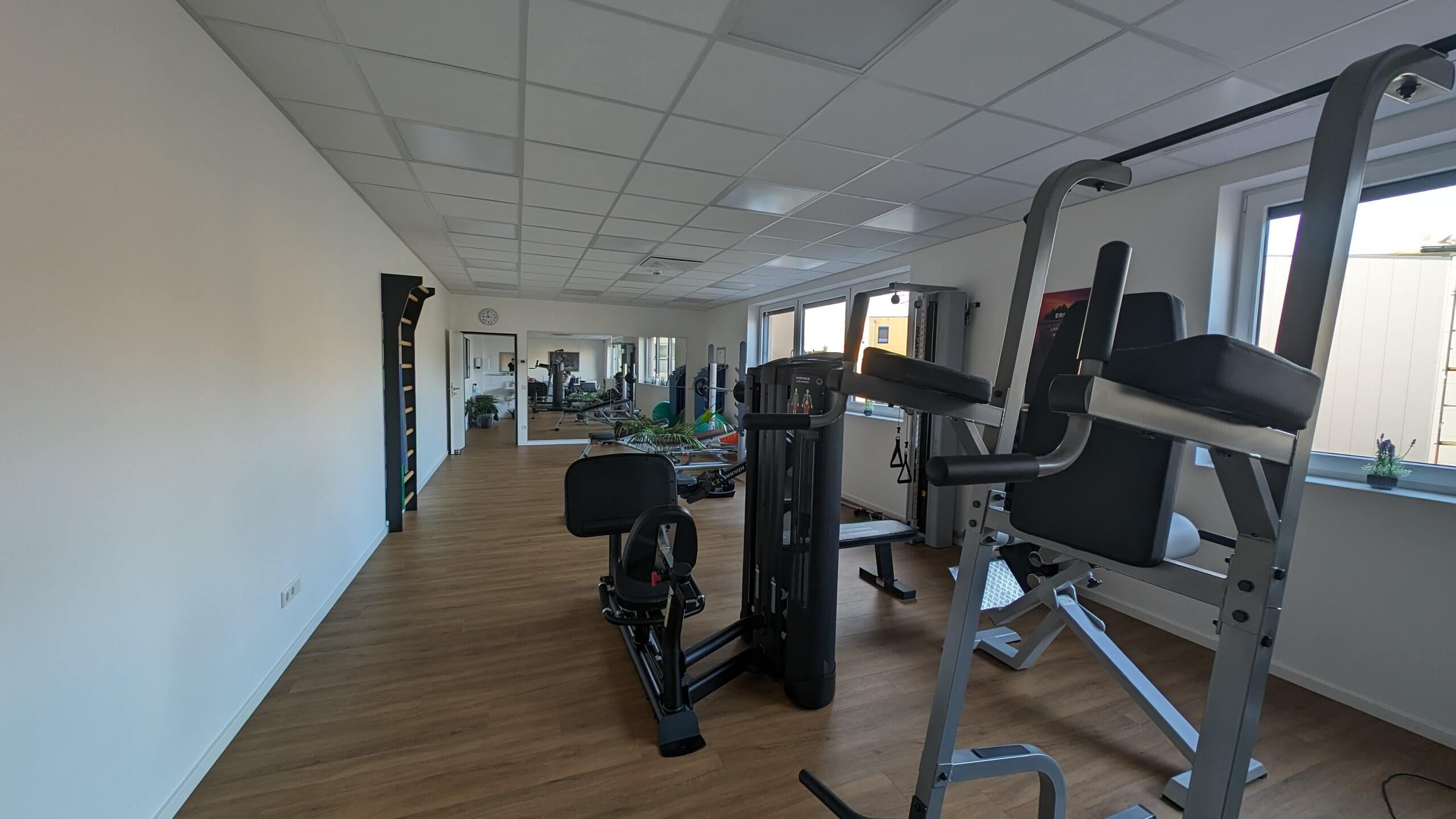 Moderner Fitnessraum mit Trainingsgeräten, großen Fenstern und Spiegelwand.