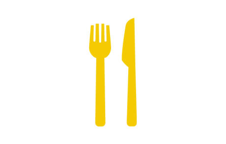 Gelbes Symbol einer Gabel und eines Messers.