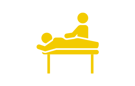 Gelbes Symbol einer Person, die auf einer Behandlungsliege liegt und von einer anderen Person behandelt wird.