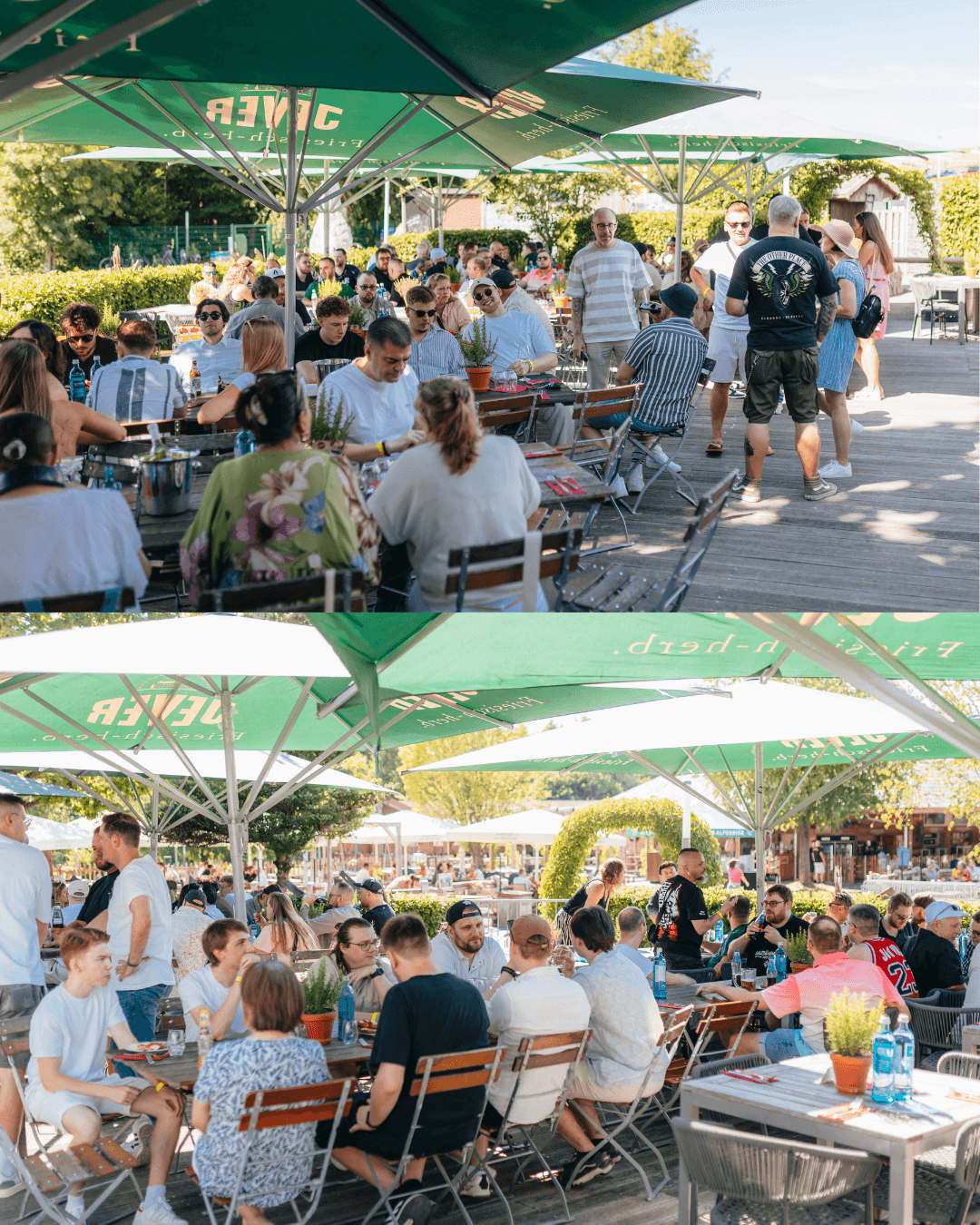 Mitarbeitende an gedeckten Tischen und im Gespräch während des Sommerfests im Außenbereich