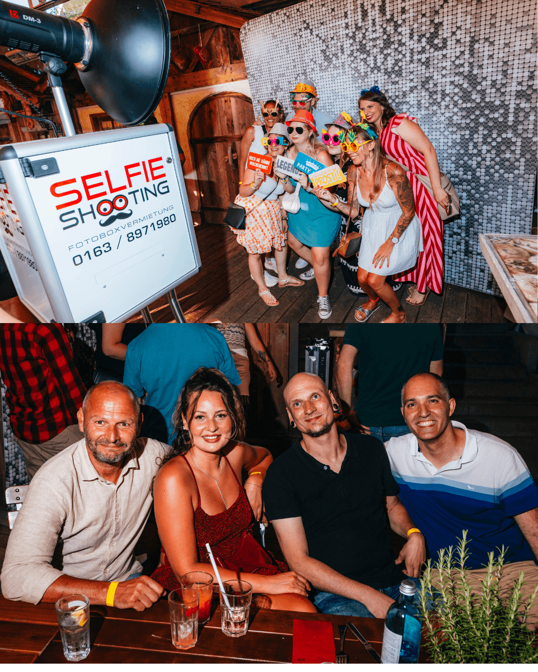 Mitarbeitende beim gemeinsamen Fotografieren an der Fotobox und in geselliger Runde beim Sommerfest